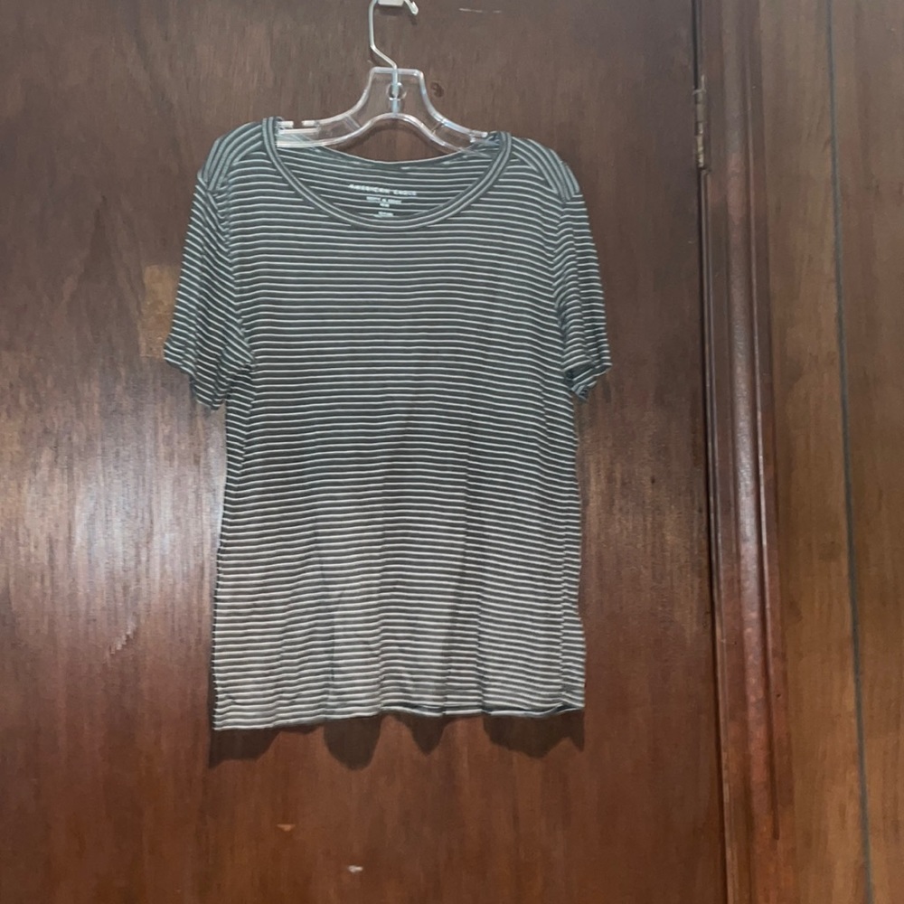 Short sleeve green with white striped shirt, ribbed material